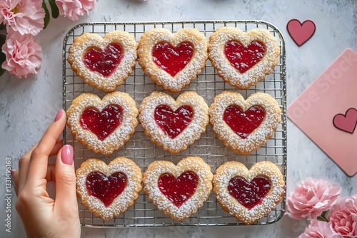 Heart-shaped Cookies With Jam Filling and Powdered Sugar on a Cooling Rack at...