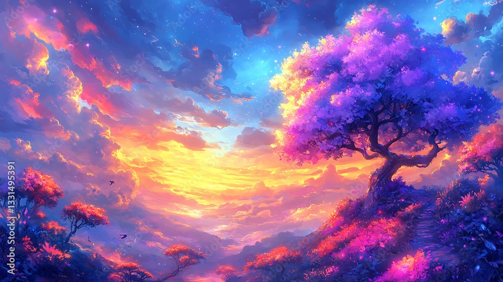 A beautiful landscape painting featuring a colorful tree and sky A beautiful landscape painting featuring a colorful tree and sky