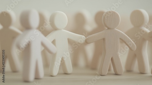 Wooden figurines representing teamwork and collaboration, symbolizing unity and partnership in concept of community building and social interaction