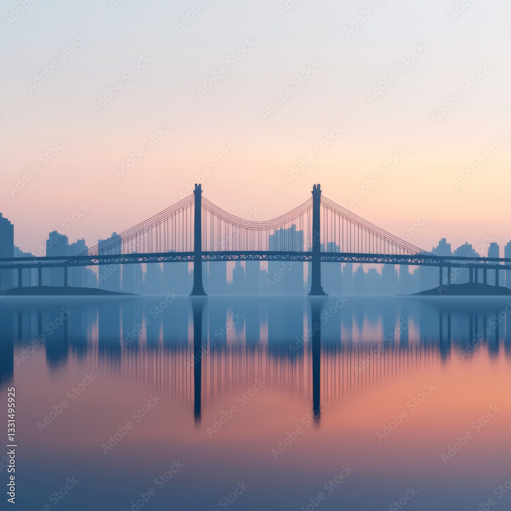 Obraz premium serene sunrise over city bridge, reflecting in calm waters. skyline features silhouettes of buildings, creating tranquil atmosphere