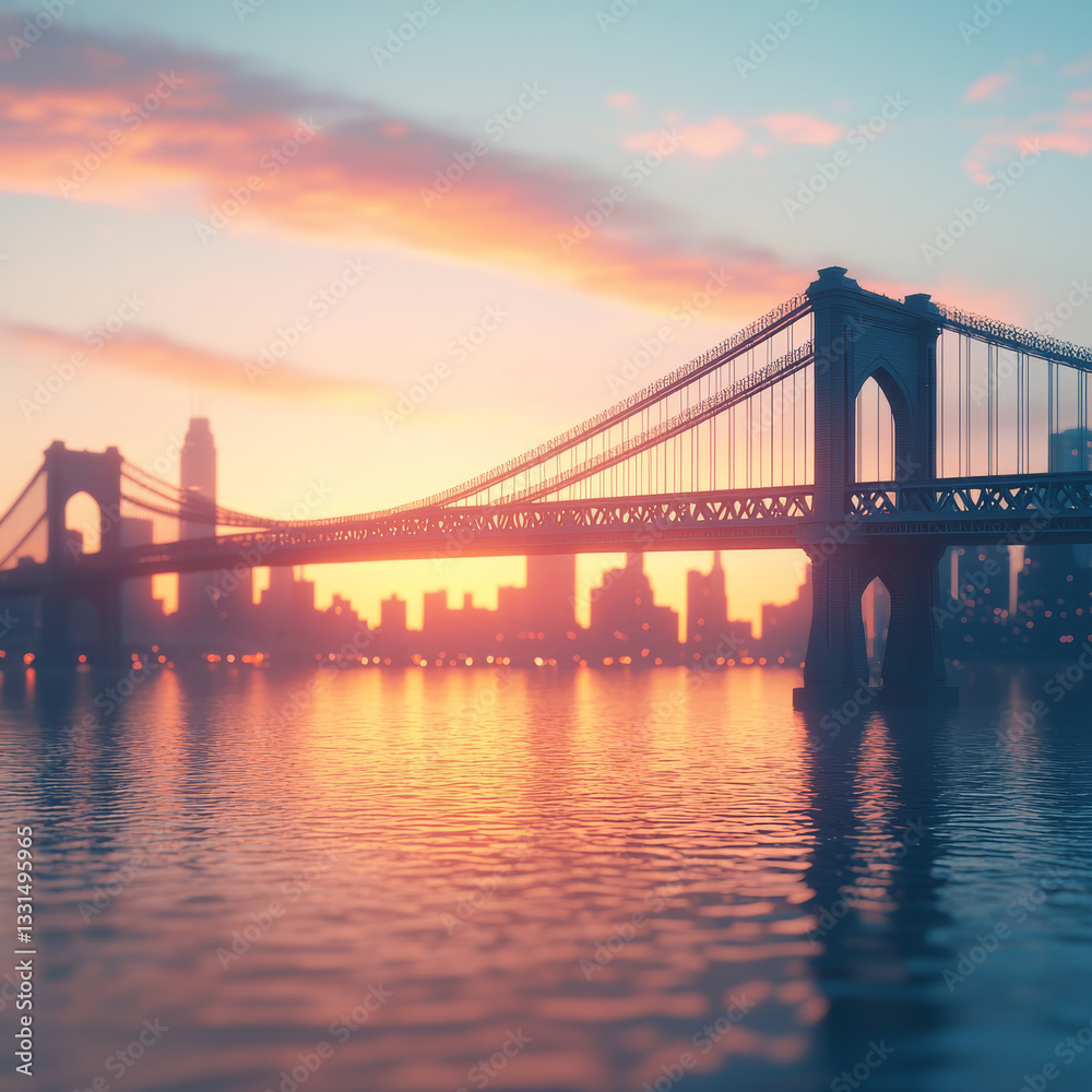 Obraz premium stunning sunset view of bridge over calm water, with city skyline