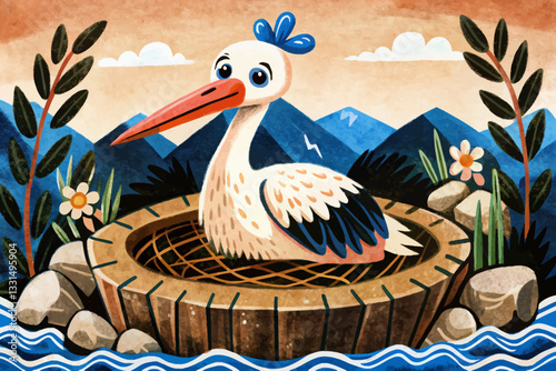 stork in the nest with stones abstract cartoon