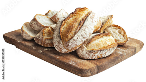 Freshly baked artisanal bread loaves arranged on a wooden cutting board in a cozy kitchen setting