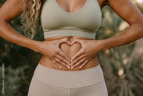 A heart shape formed by the woman's hands on her abdomen serves as a symbol for emphasizing gut health and microbiome