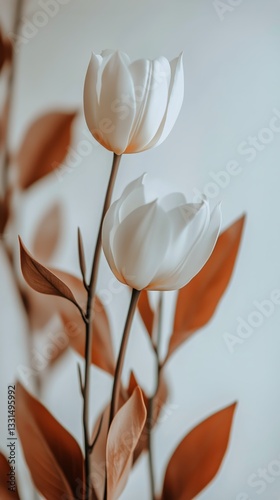 Elegant White Tulips With Orange Leaves Arranged in a Modern Vase on a Neutra...