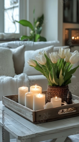 Elegant Indoor Arrangement With White Tulips and Glowing Candles in a Cozy Li...