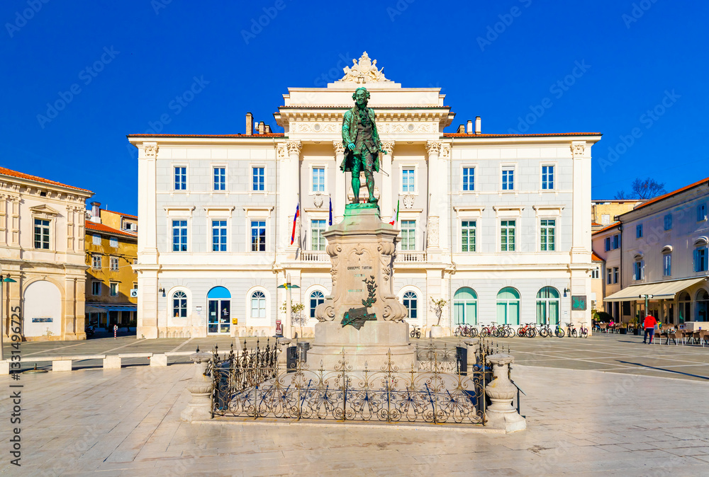 View of the Tartini Square is the town in Piran, Slovenia