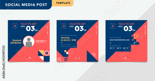 Editable social media template for art exhibition events. Perfect for Instagram and Facebook posts. Features a modern, creative layout and space for event details.