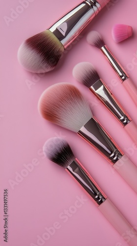 Makeup Brushes Arranged Neatly on a Soft Pink Background Highlighting Their F...