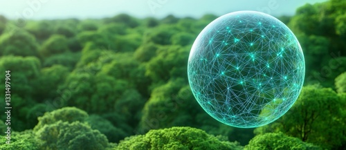 Abstract image of a translucent sphere filled with glowing particles, floating above a lush green forest. The sphere has a futuristic, technological feel, contrasting with the natural environment.