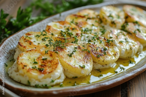 Delicately Plated Roasted Potatoes With Creamy Topping and Fresh Herbs for a ...