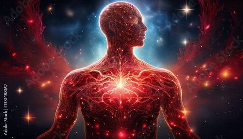 Surrealist concept of the human body as a blood-red galaxy, with glowing stars representing life and consciousness within the cosmic self.

