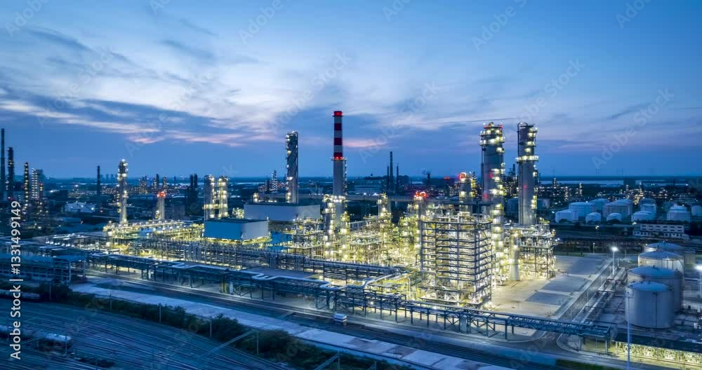 surrounding aerial time lapse of the petrochemical aromatics project of a large-scale refinery in nightfall