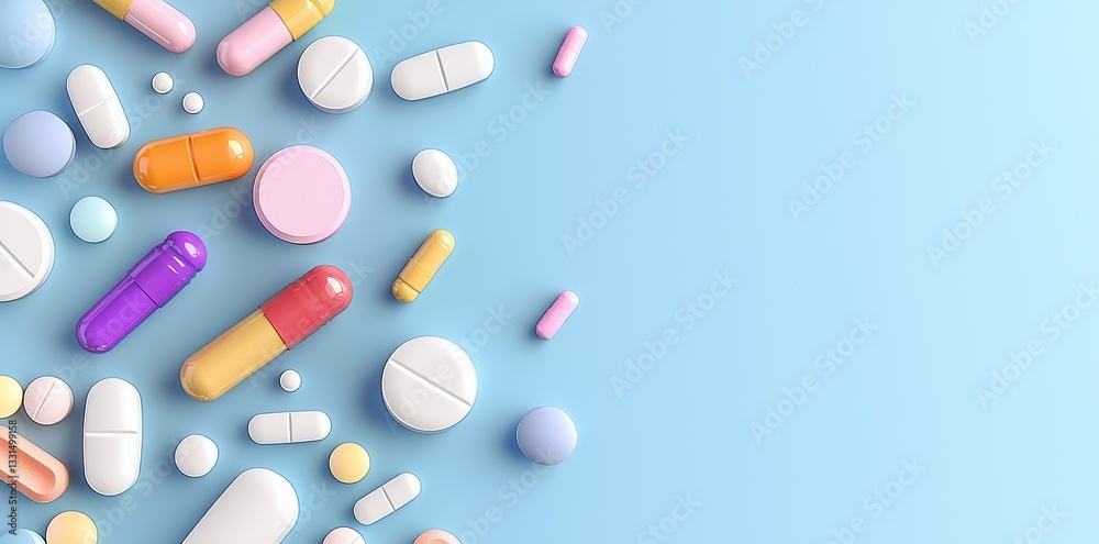 On a solid blue background, a multitude of pills, capsules, and tablets in different colors are visible, representing a variety of medications On a solid blue background, a multitude of pills, capsules, and tablets in different colors are visible, representing a variety of medications
