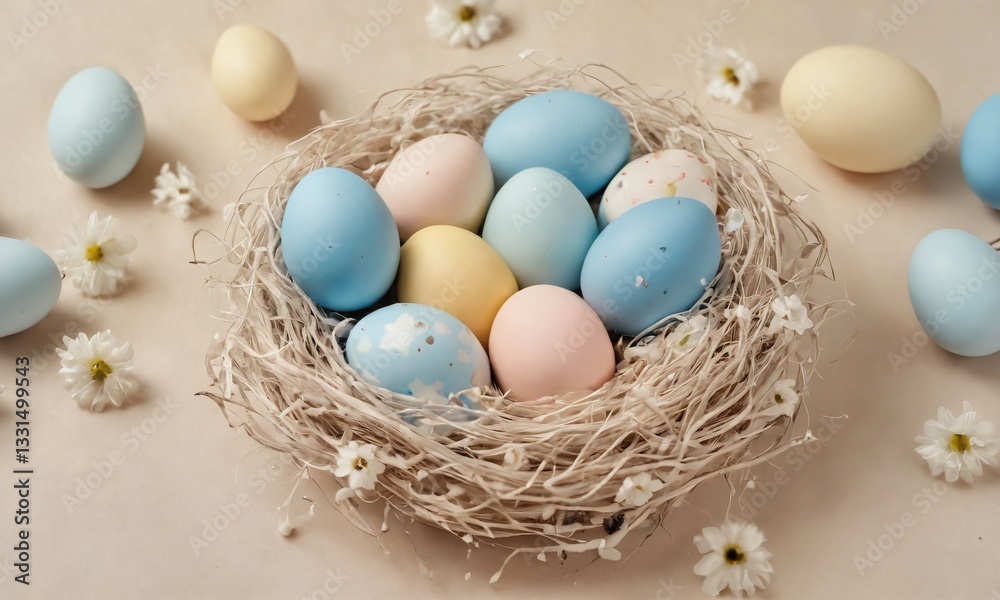 Obraz premium Colorful pastel eggs arranged in a nest surrounded by delicate flowers on a soft background