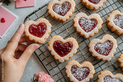 Heart-shaped Cookies With Jam Filling and Powdered Sugar on a Cooling Rack at...