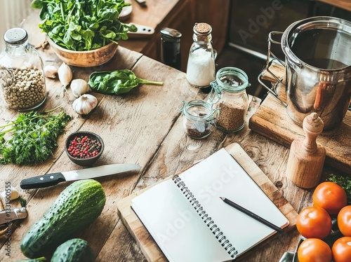 On a modern kitchen table, a notebook containing a personalized meal plan is surrounded by an assortment of fresh fruits and vegetables, promoting healthy eating and nutrition