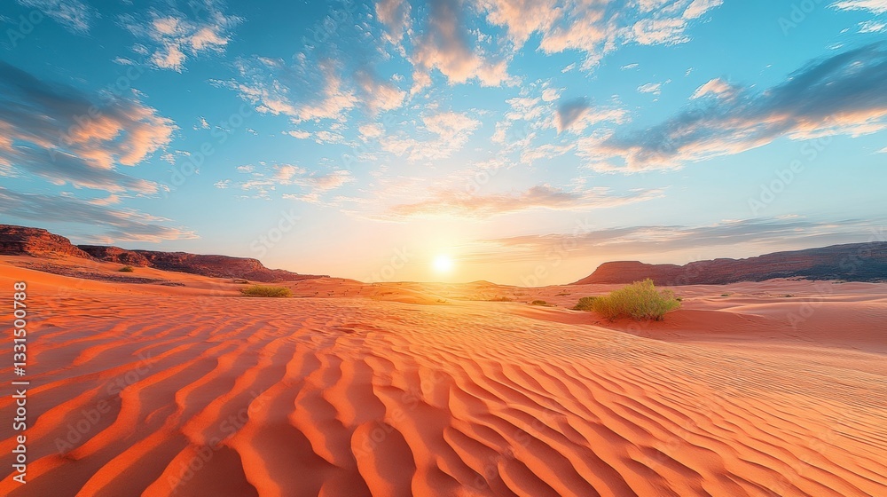 Naklejka premium Sunset over a desert landscape with red sand dunes and sparse vegetation under a vibrant sky.