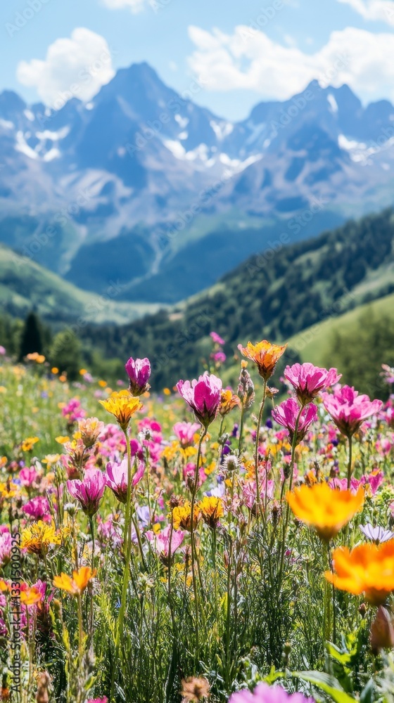 Fototapeta premium Vibrant wildflowers in pink, yellow, and orange hues bloom in a lush meadow, set against the backdrop of majestic, snow capped mountains under a bright, sunny sky. 