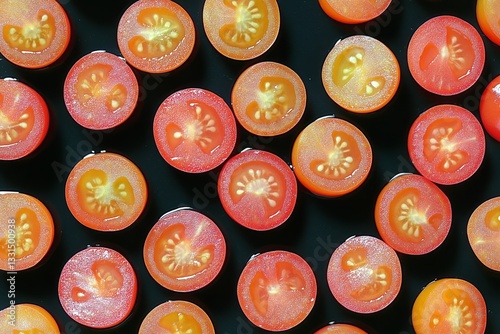 Fresh Cherry Tomatoes Sliced in Half Arranged on a Black Surface for Culinary...