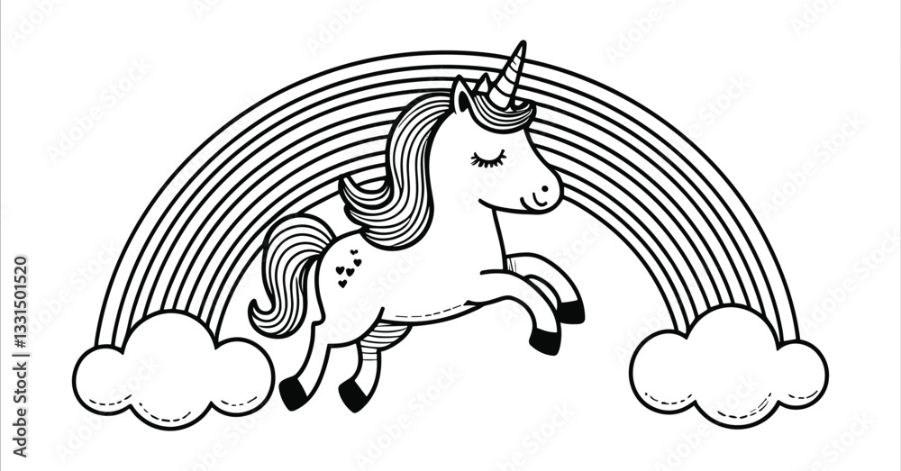 Fototapeta premium Cute unicorn flying over rainbow with clouds line art vector. Black and white unicorn with rainbow coloring book pages. Beautiful unicorn and rainbow in clouds black and white line art