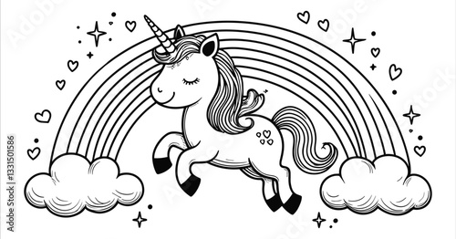Cute unicorn flying over rainbow with clouds line art vector. Black and white unicorn with rainbow coloring book pages. Beautiful unicorn and rainbow in clouds black and white line art