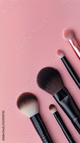 Makeup Brushes Arranged Neatly on a Soft Pink Background Highlighting Their F...