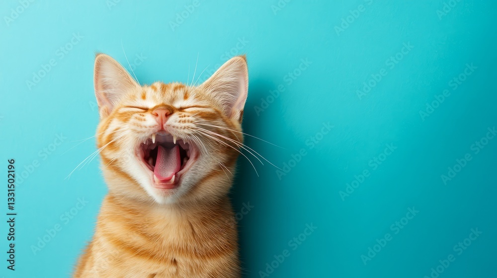 Obraz premium Laughing cat on plain blue background with copy space