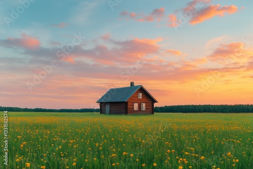Sunset Over a Rural Field With a Wooden House Surrounded by Blooming Flowers