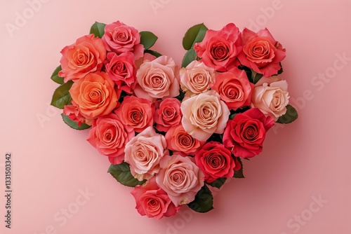 Romantic Heart-Shaped Arrangement of Red and Pink Roses on Soft Pink Backgrou...