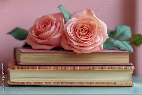 Roses in Soft Pink Hues Arranged Atop Vintage Books on a Rustic Shelf
