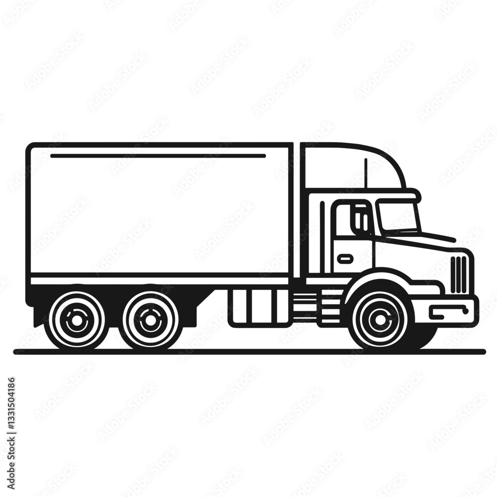Cargo truck side view in black and white line art. Heavy-duty transport truck side view illustration Cargo truck side view in black and white line art. Heavy-duty transport truck side view illustration