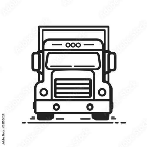 Front view of a cargo truck in black and white sketch. Commercial cargo truck front view illustration