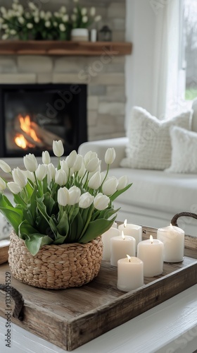 Elegant Indoor Arrangement With White Tulips and Glowing Candles in a Cozy Li...
