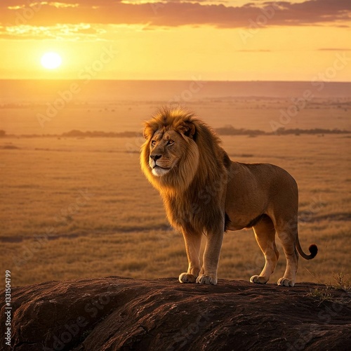 A lion stands on a rocky outcrop, with a savanna grassland behind it and a golden sun shining from behind.