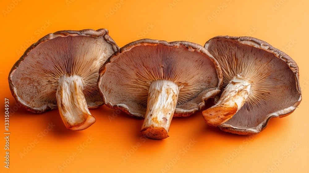 Fototapeta premium Savor the delightful appearance of mushrooms sliced generously, arranged artfully against a bright orange background, showcasing their earthy tones and texture