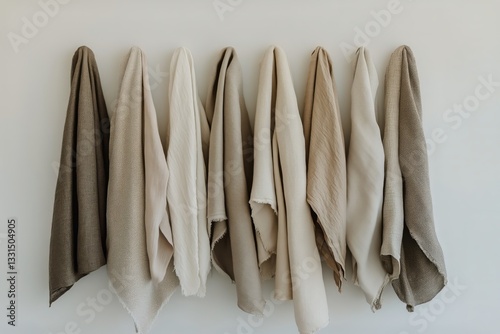 Natural Textiles Hanging on Wooden Rod in Minimalistic Interior Design Setting