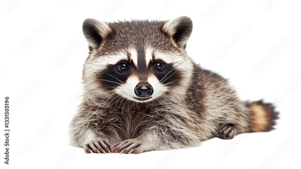 Curious raccoon resting on a soft surface, showcasing its distinct facial markings and bushy tail Curious raccoon resting on a soft surface, showcasing its distinct facial markings and bushy tail