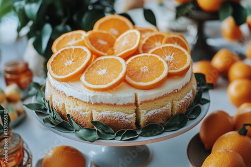Beautiful Orange Cake With Whipped Cream and Fresh Fruit on Display at a Bakery
