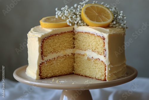 Delightful Lemon Cake With Buttercream Frosting and Fresh Flowers for a Sweet...