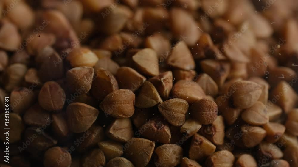 Organic buckwheat grains cascading into transparent glass jar, creating dynamic slow motion visual with falling seeds capturing natural food texture and movement. Macro footage. 