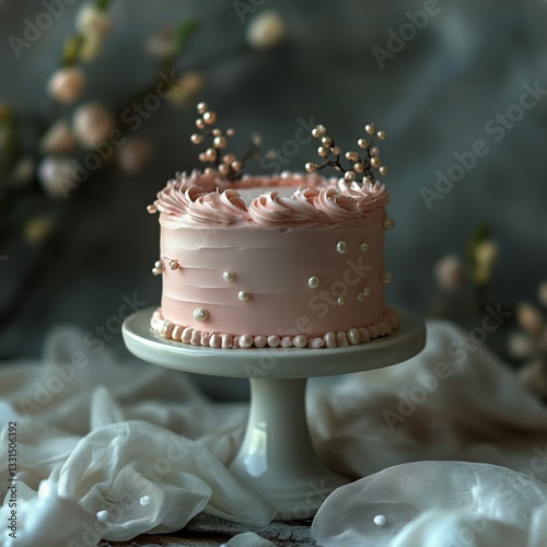 Elegant Pink Cake Adorned With Delicate Decorations on a Stand in a Softly Li...
