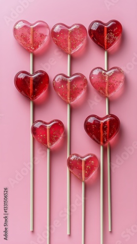 Heart Shaped Lollipops Arranged in a Line on a Pink Background for Festive Oc...