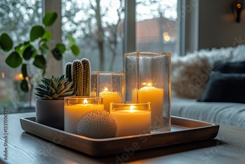 Elegant Display of Candles and Succulents in a Cozy Indoor Setting During Eve...