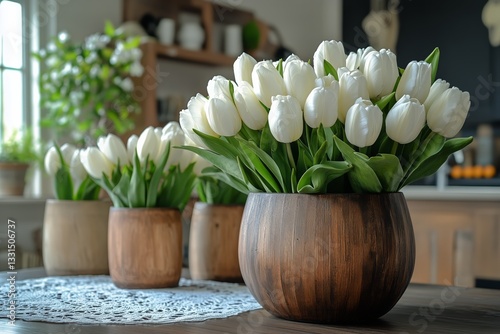 Beautiful White Tulips in a Wooden Vase on a Table With Natural Lighting