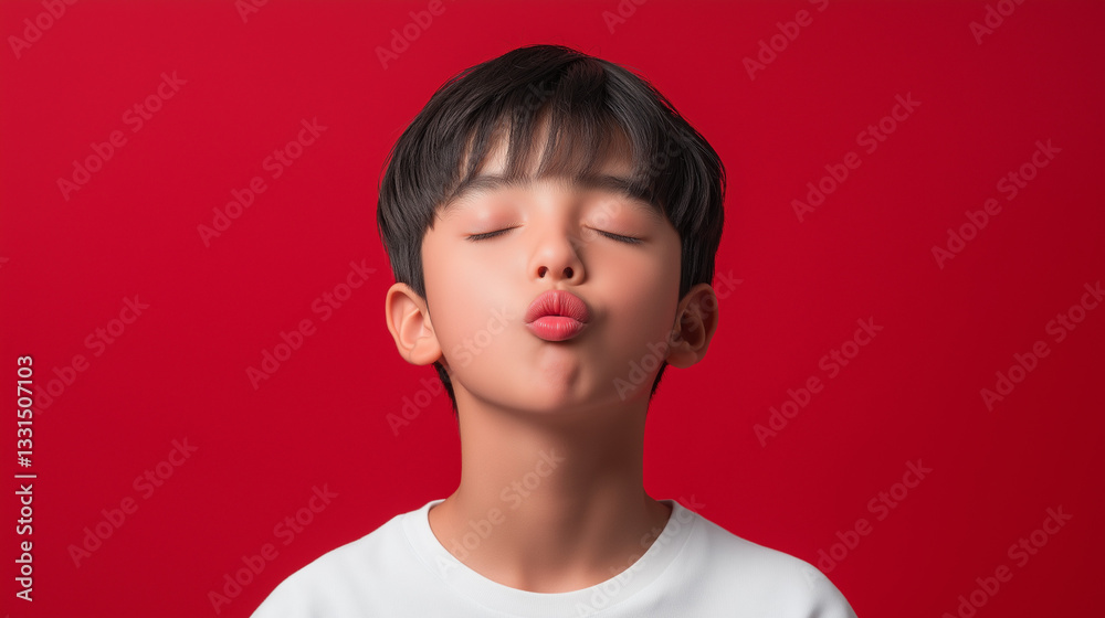 Joyful Boy Making Funny Faces Studio Portrait Photography Playful Expressions on Red Background High-Quality Commercial Shot for Advertising & Graphic Design Use Joyful Boy Making Funny Faces Studio Portrait Photography Playful Expressions on Red Background High-Quality Commercial Shot for Advertising & Graphic Design Use