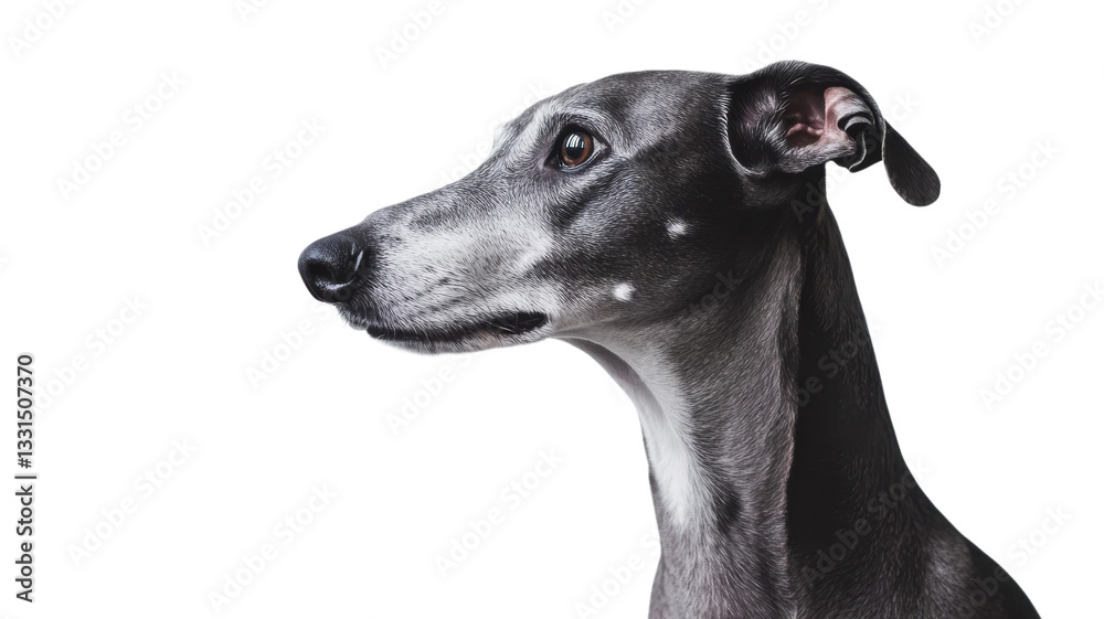 Greyhound dog in profile against a plain background, showcasing a calm demeanor and elegant features Greyhound dog in profile against a plain background, showcasing a calm demeanor and elegant features