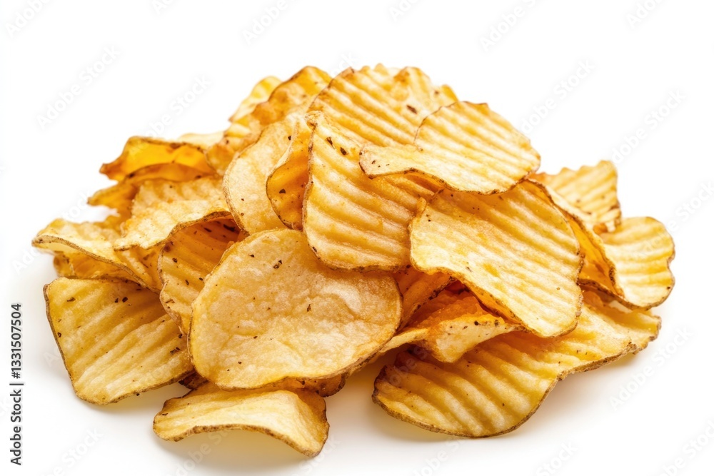 A stack of crispy potato chips on a clean white surface, perfect for snacking or as a prop in food photography A stack of crispy potato chips on a clean white surface, perfect for snacking or as a prop in food photography