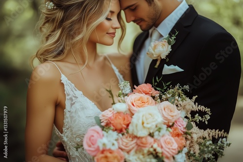Romantic Couple Shares an Intimate Moment at a Wedding, Surrounded by Beautif...