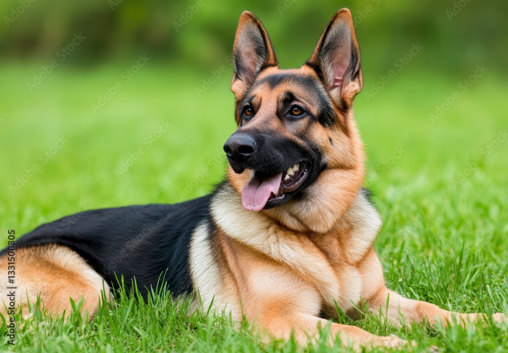 Alert German Shepherd dog lying in vibrant green grass, tongue out, looking to the side. Outdoor setting, natural light. Alert German Shepherd dog lying in vibrant green grass, tongue out, looking to the side. Outdoor setting, natural light.